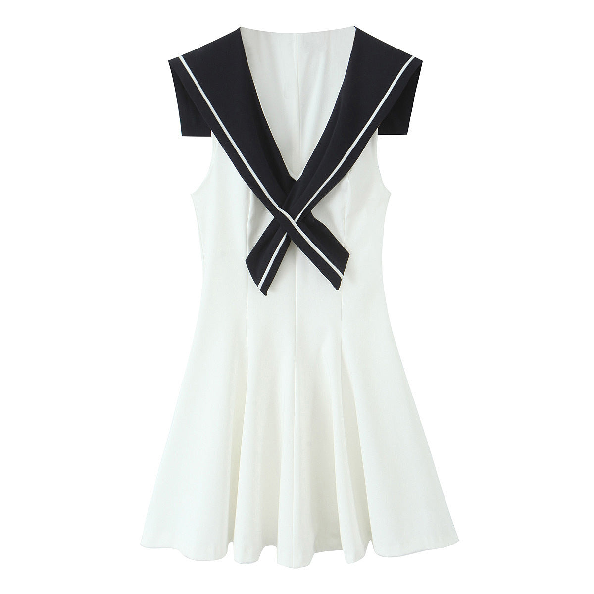 Color blocked navy collar patchwork sleeveless dress for women