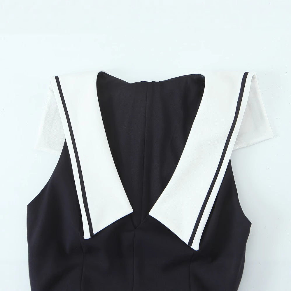 Color blocked lapel sleeveless short dress for women