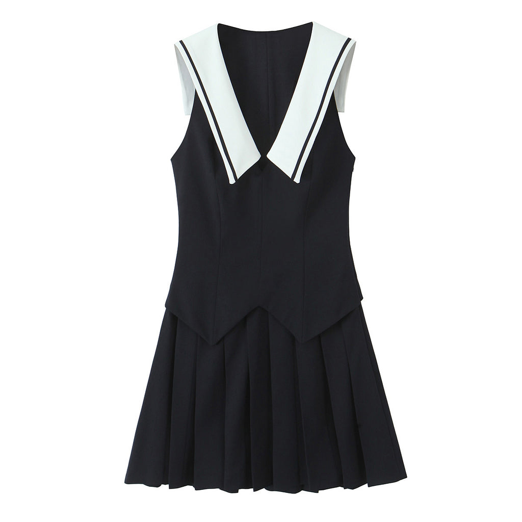 Color blocked lapel sleeveless short dress for women