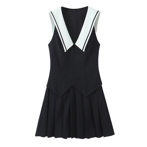 Color blocked lapel sleeveless short dress for women